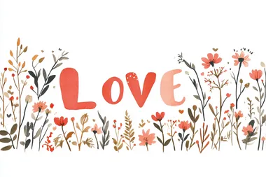 Cute Valentine clip art that in natural colors with a bit of red spelling the words Love, minimalist, transparent or white background, 300 dpi