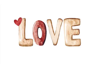 Cute Valentine clip art that in natural colors with a bit of red spelling the words Love, minimalist, transparent or white background, 300 dpi