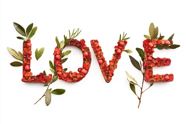 Cute Valentine clip art that in natural colors with a bit of red spelling the words Love, minimalist, transparent or white background, 300 dpi
