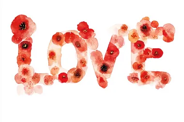 Cute Valentine clip art that in natural colors with a bit of red spelling the words Love, minimalist, transparent or white background, 300 dpi