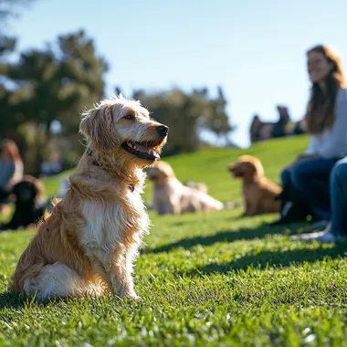 A vibrant Facebook banner showcasing a group dog training class. The scene features several happy dogs of different breeds sitting or interacting with their owners in a spacious outdoor park setting. Trainers and owners are engaged, demonstrating focus and teamwork. The atmosphere is warm and inviting, with clear blue skies and lush green grass. The design includes space for text overlay, such as course details, with a professional yet friendly aesthetic. Ensure the image is high-resolution and perfectly suited for a Facebook banner format (1200x628 pixels).