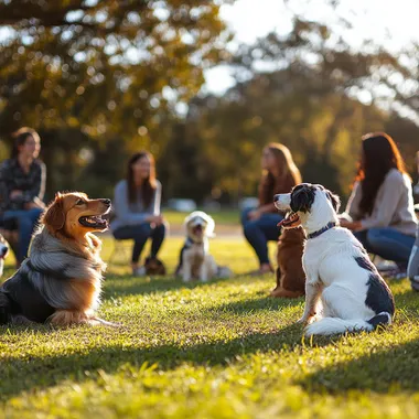A vibrant Facebook banner showcasing a group dog training class. The scene features several happy dogs of different breeds sitting or interacting with their owners in a spacious outdoor park setting. Trainers and owners are engaged, demonstrating focus and teamwork. The atmosphere is warm and inviting, with clear blue skies and lush green grass. The design includes space for text overlay, such as course details, with a professional yet friendly aesthetic. Ensure the image is high-resolution and perfectly suited for a Facebook banner format (1200x628 pixels).