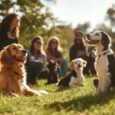 A vibrant Facebook banner showcasing a group dog training class. The scene features several happy dogs of different breeds sitting or interacting with their owners in a spacious outdoor park setting. Trainers and owners are engaged, demonstrating focus and teamwork. The atmosphere is warm and inviting, with clear blue skies and lush green grass. The design includes space for text overlay, such as course details, with a professional yet friendly aesthetic. Ensure the image is high-resolution and perfectly suited for a Facebook banner format (1200x628 pixels).