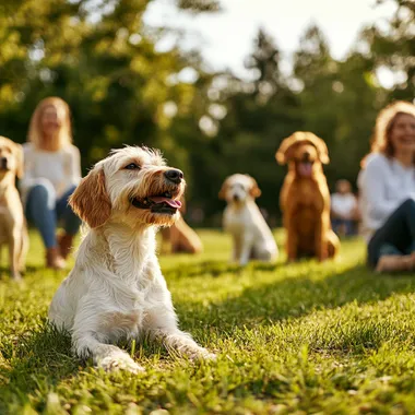 A vibrant Facebook banner showcasing a group dog training class. The scene features several happy dogs of different breeds sitting or interacting with their owners in a spacious outdoor park setting. Trainers and owners are engaged, demonstrating focus and teamwork. The atmosphere is warm and inviting, with clear blue skies and lush green grass. The design includes space for text overlay, such as course details, with a professional yet friendly aesthetic. Ensure the image is high-resolution and perfectly suited for a Facebook banner format (1200x628 pixels).