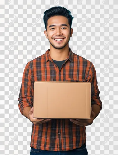 pinoy Man holding cardboard box isolated on blue background, smiling man carrying moving boxes for new home move or delivery concept, detailed illustration, high resolution, professional photograph, The ultra-high-resolution camera captures the intricate details of every detail and texture with precision, isolated on white background, stock photo, sony alpha a7 iii, award-winning photography, stockphoto, full body portrait