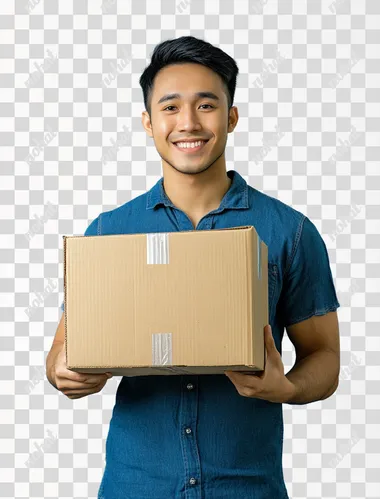 pinoy Man holding cardboard box isolated on blue background, smiling man carrying moving boxes for new home move or delivery concept, detailed illustration, high resolution, professional photograph, The ultra-high-resolution camera captures the intricate details of every detail and texture with precision, isolated on white background, stock photo, sony alpha a7 iii, award-winning photography, stockphoto, full body portrait
