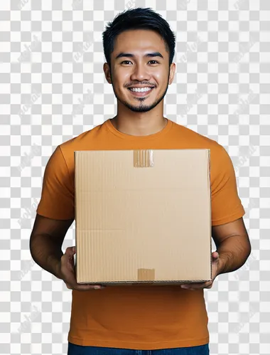 pinoy Man holding cardboard box isolated on blue background, smiling man carrying moving boxes for new home move or delivery concept, detailed illustration, high resolution, professional photograph, The ultra-high-resolution camera captures the intricate details of every detail and texture with precision, isolated on white background, stock photo, sony alpha a7 iii, award-winning photography, stockphoto, full body portrait