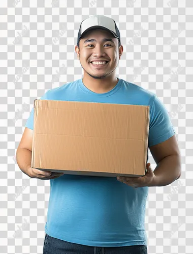 pinoy Man holding cardboard box isolated on blue background, smiling man carrying moving boxes for new home move or delivery concept, detailed illustration, high resolution, professional photograph, The ultra-high-resolution camera captures the intricate details of every detail and texture with precision, isolated on white background, stock photo, sony alpha a7 iii, award-winning photography, stockphoto, full body portrait