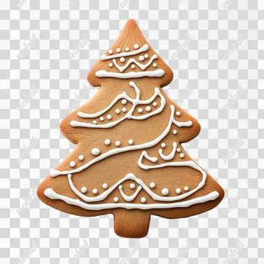Realistic gingerbread cookie shaped like a Christmas tree, decorated with white icing, on a white background.