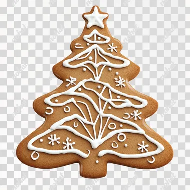 Realistic gingerbread cookie shaped like a Christmas tree, decorated with white icing, on a white background.