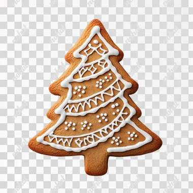Realistic gingerbread cookie shaped like a Christmas tree, decorated with white icing, on a white background.