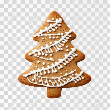 Realistic gingerbread cookie shaped like a Christmas tree, decorated with white icing, on a white background.