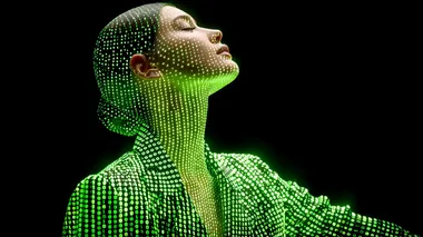 editorial medium shot, woman standing in a dark room, her entire body and face completely covered with clean lime green binary code consisting of 1s and 0s, no visible skin or hair, 70mm, high precision photography  --raw rofile 55euruq