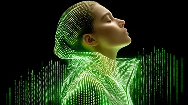 editorial medium shot, woman standing in a dark room, her entire body and face completely covered with clean lime green binary code consisting of 1s and 0s, no visible skin or hair, 70mm, high precision photography  --raw rofile 55euruq