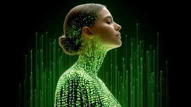 editorial medium shot, woman standing in a dark room, her entire body and face completely covered with clean lime green binary code consisting of 1s and 0s, no visible skin or hair, 70mm, high precision photography  --raw rofile 55euruq