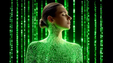 editorial medium shot, woman standing in a dark room, her entire body and face completely covered with clean lime green binary code consisting of 1s and 0s, no visible skin or hair, 70mm, high precision photography  --raw rofile 55euruq