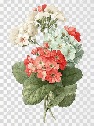 clipart, illustration of a vintage primrose cluster, isolated on a white background, cream, bright red and mint green colours, subtle green colours for any leaves, vintage illustration, in the medium of watercolour and colored pencils, slightly aged, shabby chic in the style of Cath Kidston, intricate details, realistic elements, elegant, quaint and beautiful, high quality, detailed   --s 50