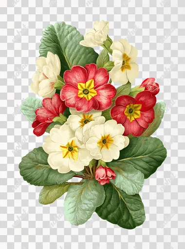 clipart, illustration of a vintage primrose cluster, isolated on a white background, cream, bright red and mint green colours, subtle green colours for any leaves, vintage illustration, in the medium of watercolour and colored pencils, slightly aged, shabby chic in the style of Cath Kidston, intricate details, realistic elements, elegant, quaint and beautiful, high quality, detailed   --s 50