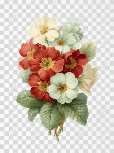 clipart, illustration of a vintage primrose cluster, isolated on a white background, cream, bright red and mint green colours, subtle green colours for any leaves, vintage illustration, in the medium of watercolour and colored pencils, slightly aged, shabby chic in the style of Cath Kidston, intricate details, realistic elements, elegant, quaint and beautiful, high quality, detailed   --s 50