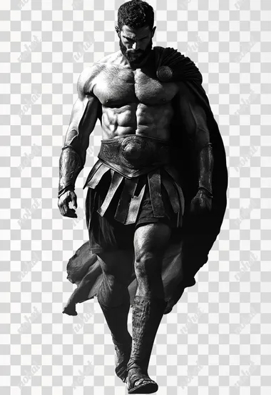 hyper realistic design for gladiator walking front view black and grey clean white background no effects