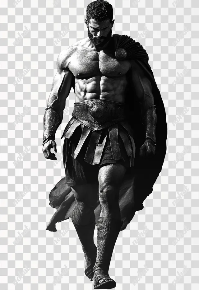 PNG Gladiator in Cape Walking Forward - Hyper-Realistic Black and White