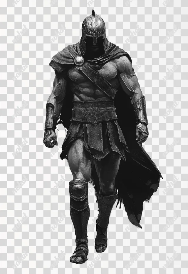 PNG Gladiator in Armor Walking Front View, Black and White Photography