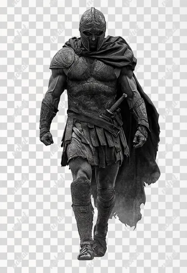 hyper realistic design for gladiator walking front view black and grey clean white background no effects