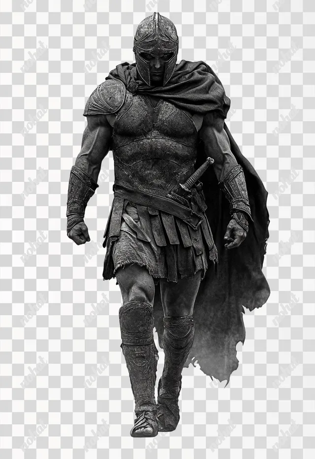 PNG Gladiator in Armor Walking Forward, Black and White Photography