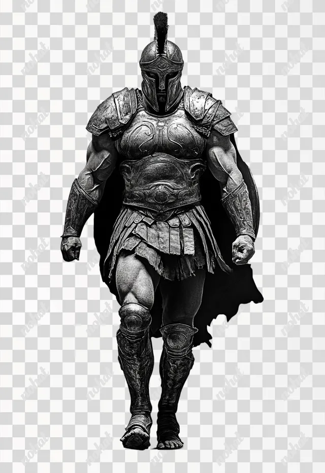 PNG Hyper-realistic gladiator in armor with sword, front view, black and grey