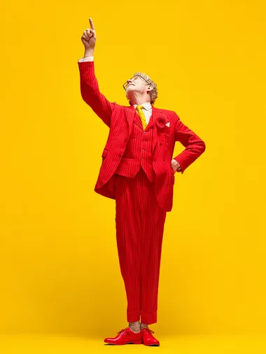 a middle aged man in a red suit pointing up, plain yellow background  rofile d8cpfrr