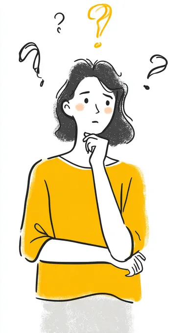Simple illustration of a woman standing anxiously, upper body only, large face proportions, three question marks floating near head, minimalist line drawing style, no background/transparent background, flat design, simple facial features, modern vector illustration, uncluttered composition, soft shading, thinking pose
