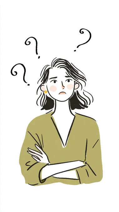 Simple illustration of a woman standing anxiously, upper body only, large face proportions, three question marks floating near head, minimalist line drawing style, no background/transparent background, flat design, simple facial features, modern vector illustration, uncluttered composition, soft shading, thinking pose