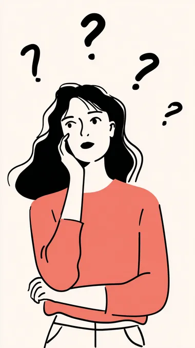 Simple illustration of a woman standing anxiously, upper body only, large face proportions, three question marks floating near head, minimalist line drawing style, no background/transparent background, flat design, simple facial features, modern vector illustration, uncluttered composition, soft shading, thinking pose