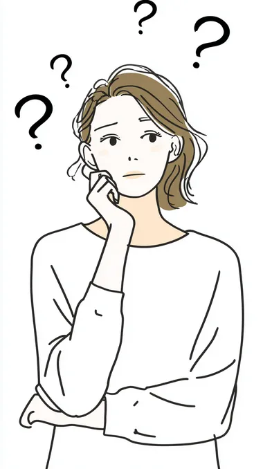 Simple illustration of a woman standing anxiously, upper body only, large face proportions, three question marks floating near head, minimalist line drawing style, no background/transparent background, flat design, simple facial features, modern vector illustration, uncluttered composition, soft shading, thinking pose