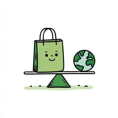 Minimalist illustration of a friendly character in the shape of a green reusable bag, sitting on a seesaw with planet Earth on the other side, drawn in a flat, hand-drawn cartoon style with thick black lines, white background, playful and clean, matching eco-friendly theme