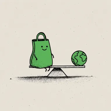 Minimalist illustration of a friendly character in the shape of a green reusable bag, sitting on a seesaw with planet Earth on the other side, drawn in a flat, hand-drawn cartoon style with thick black lines, white background, playful and clean, matching eco-friendly theme