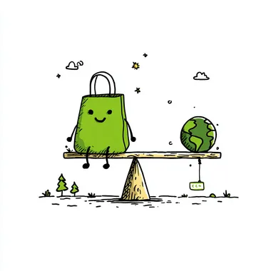 Minimalist illustration of a friendly character in the shape of a green reusable bag, sitting on a seesaw with planet Earth on the other side, drawn in a flat, hand-drawn cartoon style with thick black lines, white background, playful and clean, matching eco-friendly theme