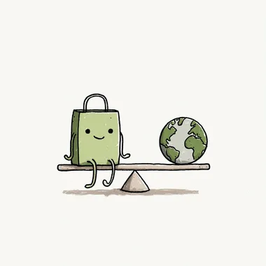 Minimalist illustration of a friendly character in the shape of a green reusable bag, sitting on a seesaw with planet Earth on the other side, drawn in a flat, hand-drawn cartoon style with thick black lines, white background, playful and clean, matching eco-friendly theme