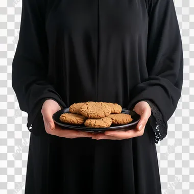 oman woman wears black hold cookies on plate isolated on white background