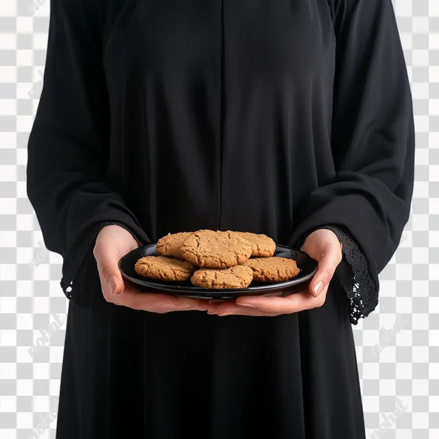 Omani Woman in Black Holding Cookies on a Plate