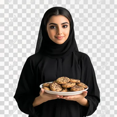 oman woman wears black hold cookies on plate isolated on white background