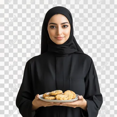 oman woman wears black hold cookies on plate isolated on white background