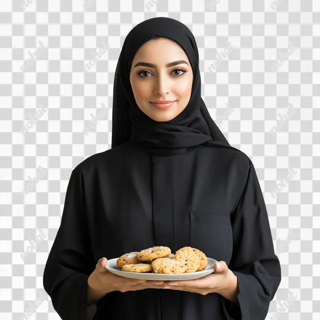 Oman Woman in Black Holding Cookies on a Plate