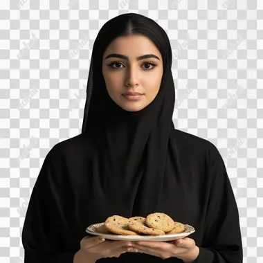 oman woman wears black hold cookies on plate isolated on white background