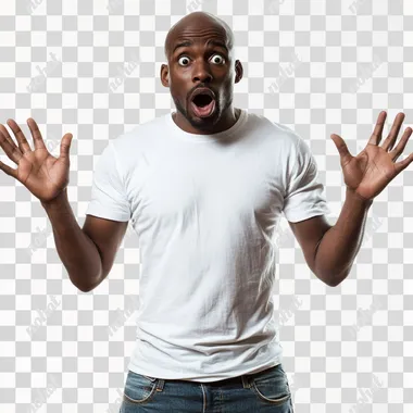 a stock image of a generic bald black man in a white t shirt and jeans who's looking at you with his hands in the air, completely baffled, freaked out and stunned by what horrors he's witnessing, zoomed out, blank white background