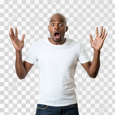 a stock image of a generic bald black man in a white t shirt and jeans who's looking at you with his hands in the air, completely baffled, freaked out and stunned by what horrors he's witnessing, zoomed out, blank white background