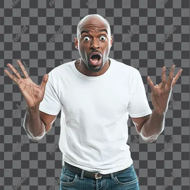 a stock image of a generic bald black man in a white t shirt and jeans who's looking at you with his hands in the air, completely baffled, freaked out and stunned by what horrors he's witnessing, zoomed out, blank white background