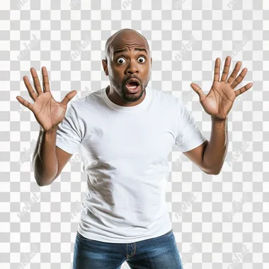 a stock image of a generic bald black man in a white t shirt and jeans who's looking at you with his hands in the air, completely baffled, freaked out and stunned by what horrors he's witnessing, zoomed out, blank white background