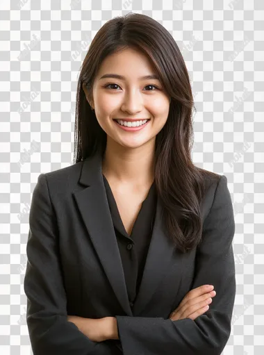 A Asian office girl,(cross-handed) smiling,white background,