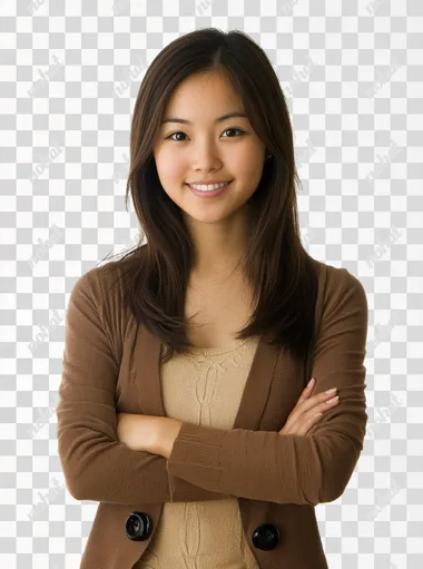 A Asian office girl,(cross-handed) smiling,white background,